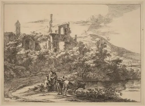 Two Cows near the River at Tivoli, by Jan Both, ink