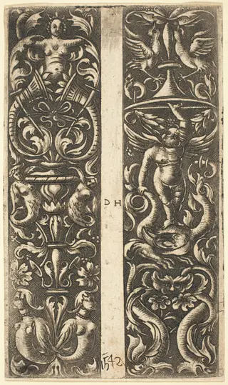 Ornament with Sirens and Ornament with Genius, by Daniel Hopfer, ink, 1520