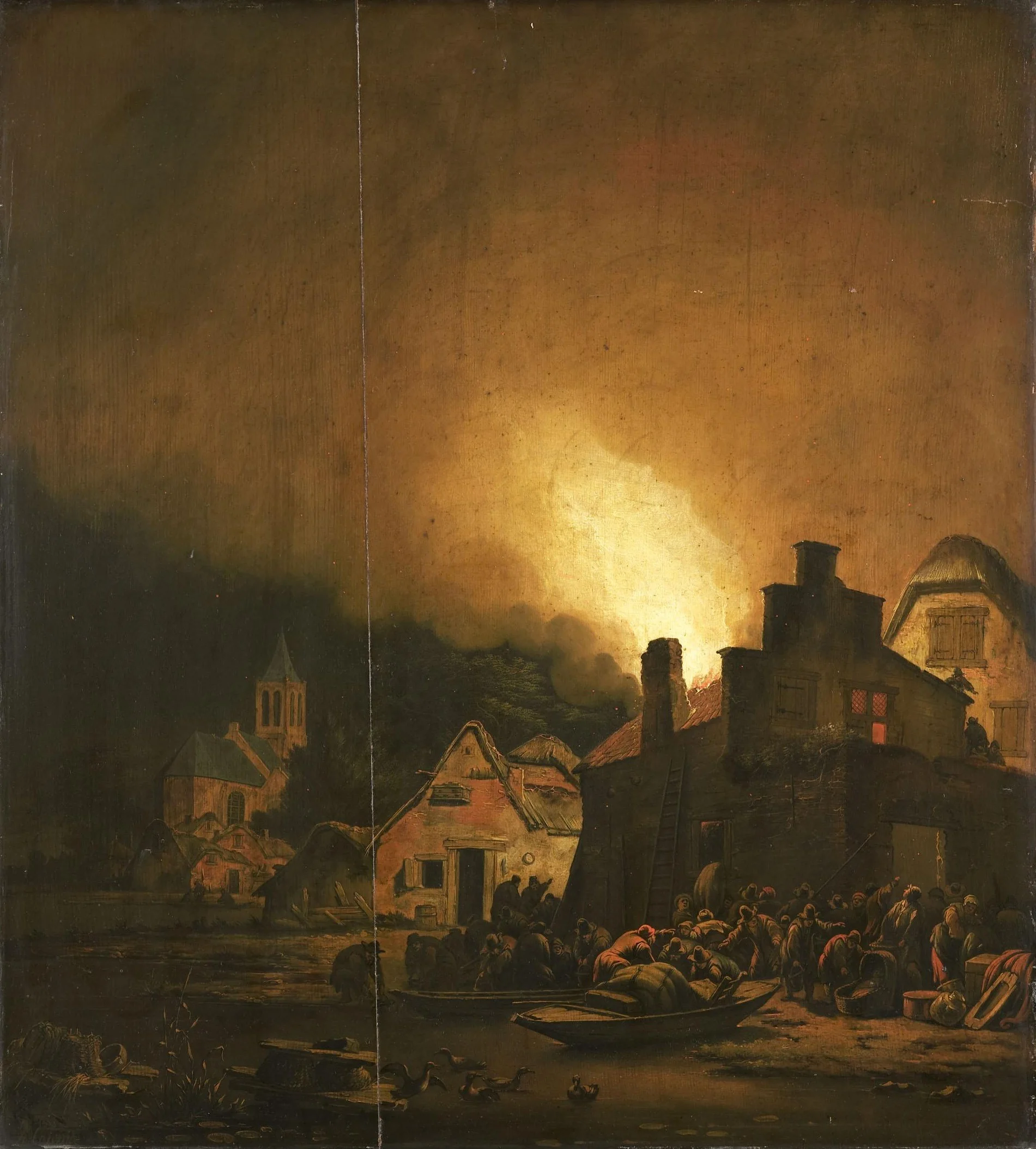 Nighttime fire in a village, detail