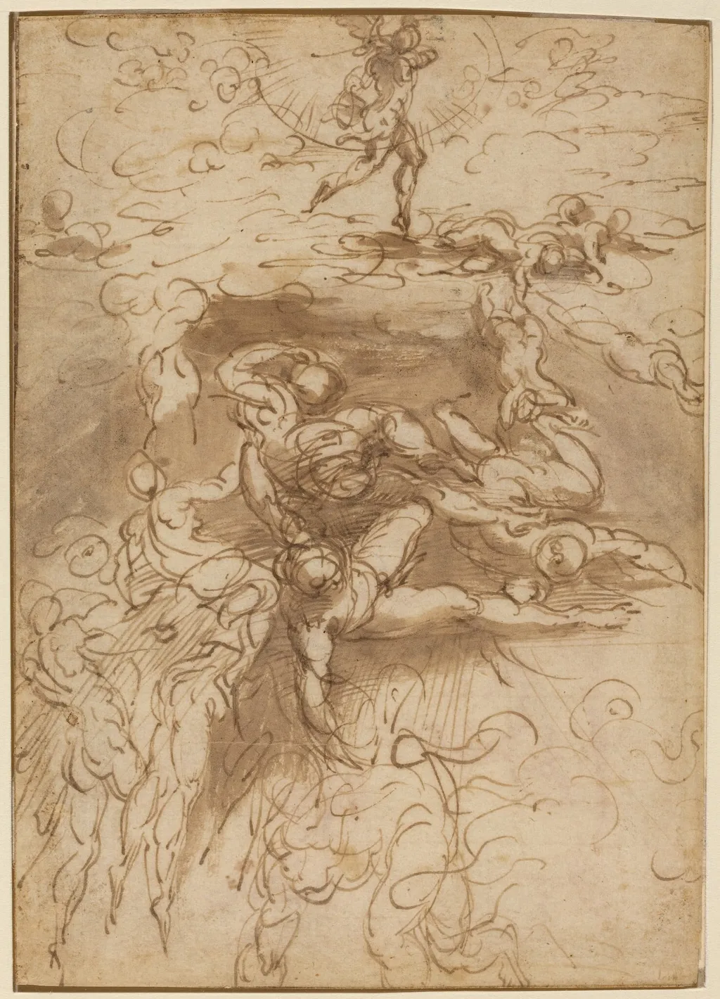 The Fall of the Rebel Angels [recto], by Parmigianino, ink, 1526
