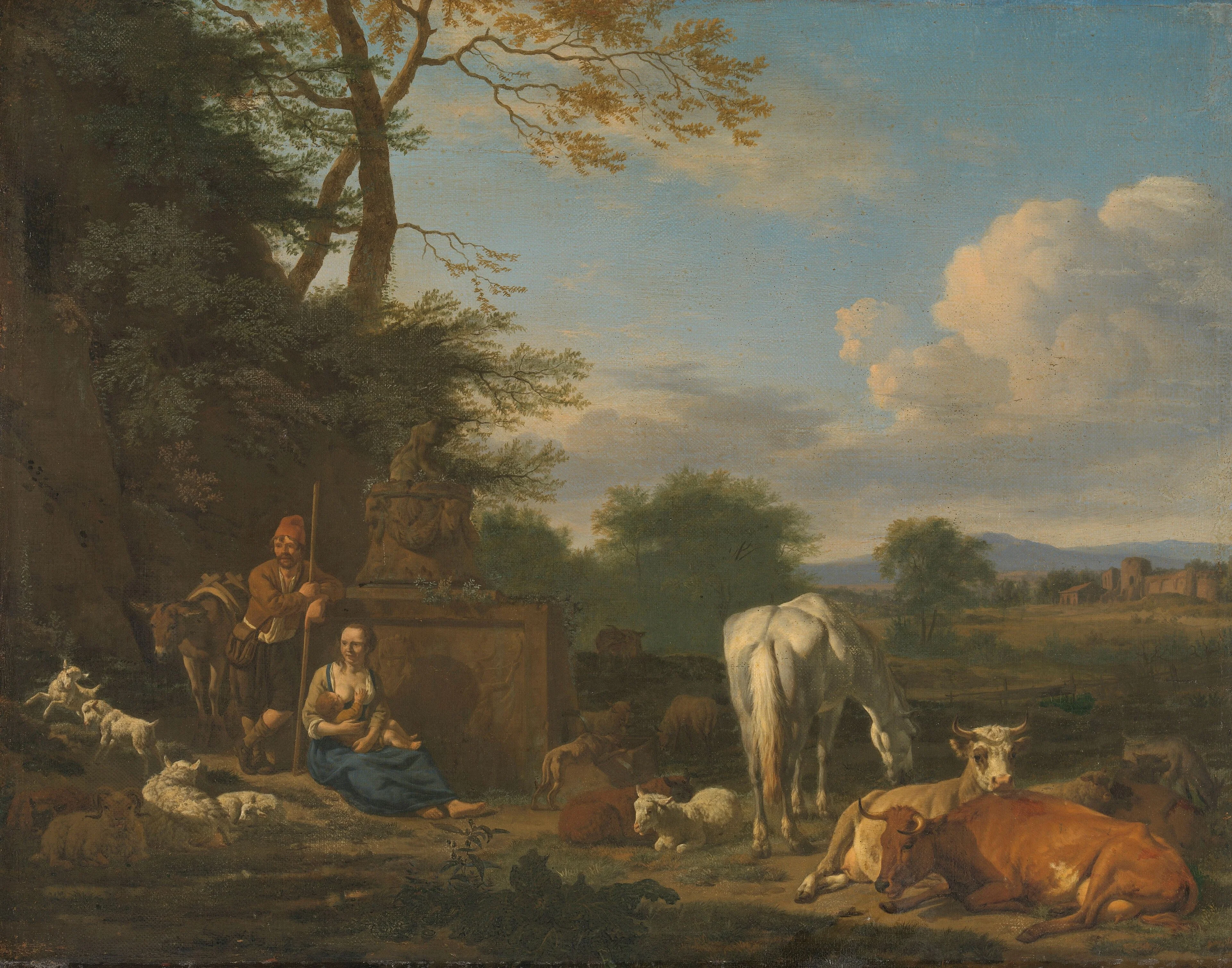 Arcadian landscape with resting herdsmen and cattle, detail