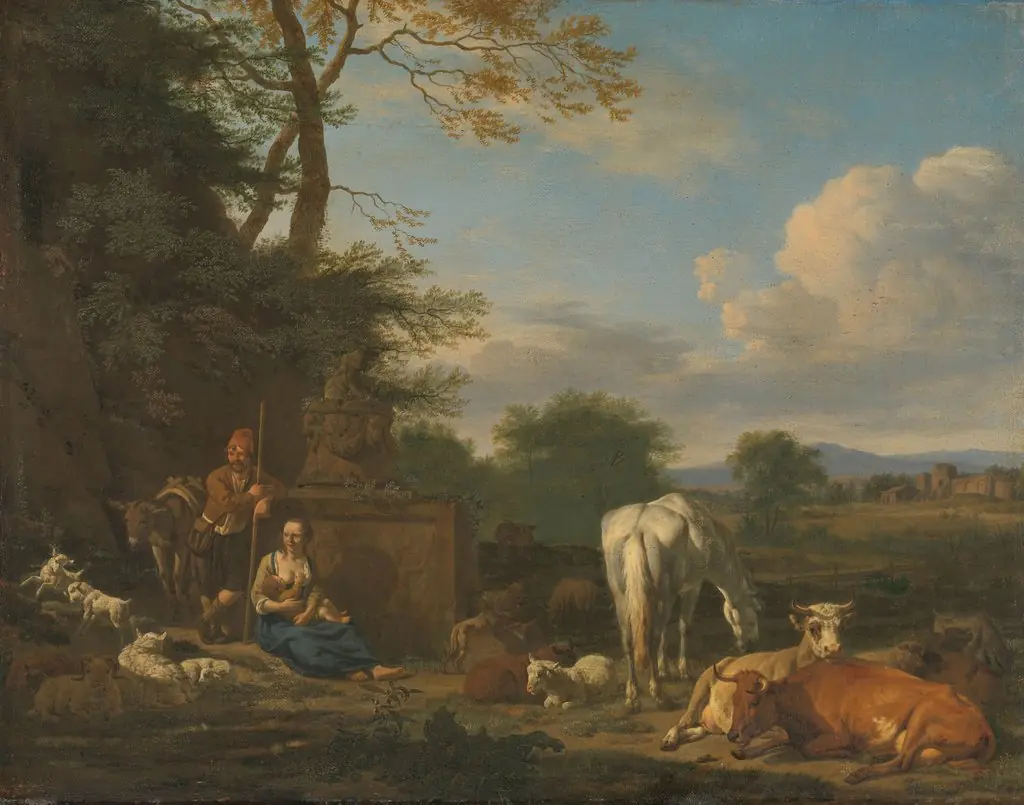 Arcadian landscape with resting herdsmen and cattle, by Adriaen van de Velde, oil, 1664