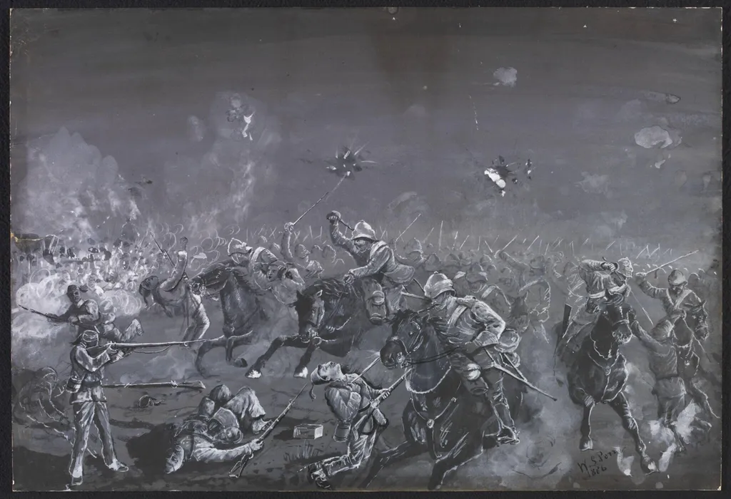 Charge of Household Cavalry at Kassassin - 1882, by William S. Perry, watercolor, 1886
