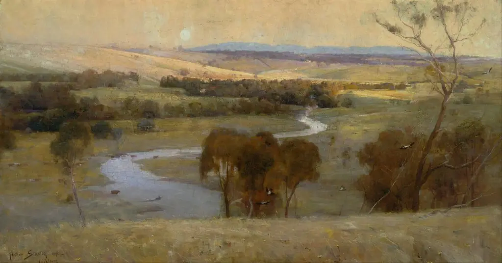 'Still glides the stream, and shall for ever ..., by Arthur Streeton, oil, 1896