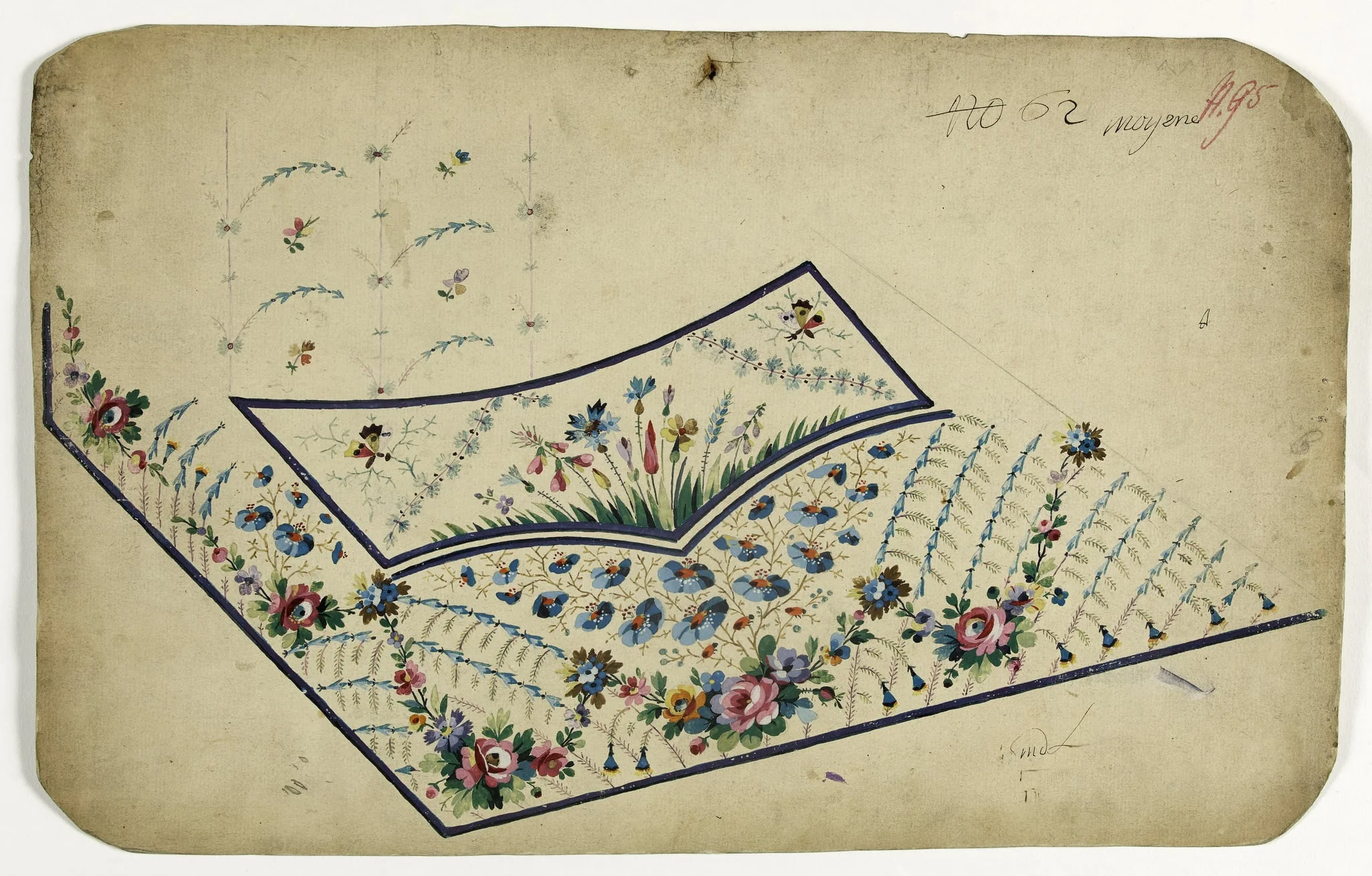 Gilet aux fleurs bleues et orange, projets de broderies de gilet, XVIIIème siècle, detail