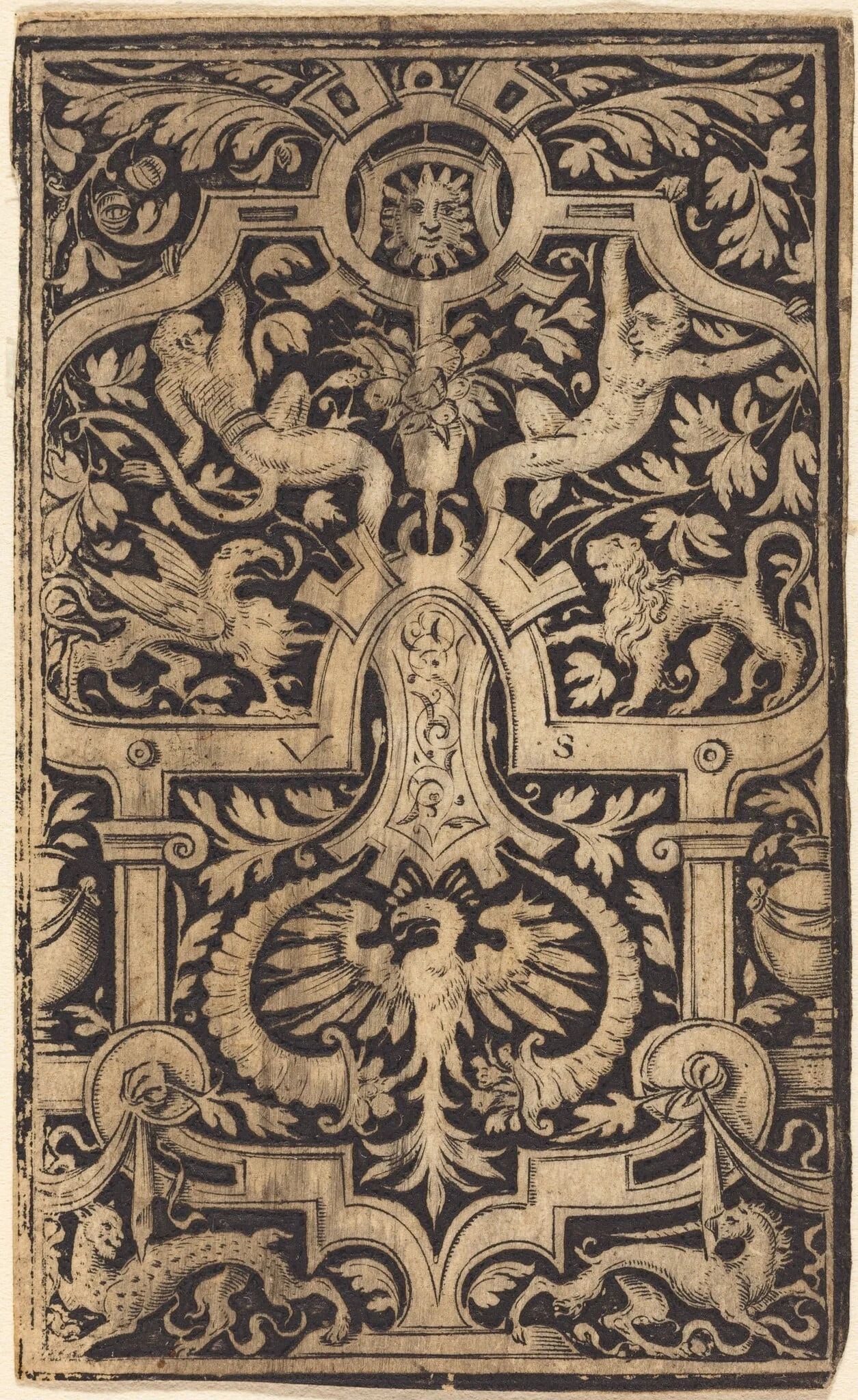 Strapwork and Foliage Ornament on Dark Ground with Monkeys and other Animals, detail