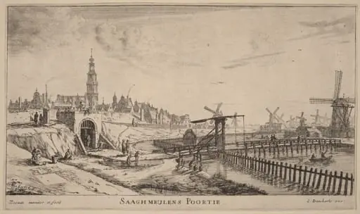 Zaagmolen Gate (Saaghmeulens Poortie), by Nooms, called Zeeman, Reinier, ink, 1645