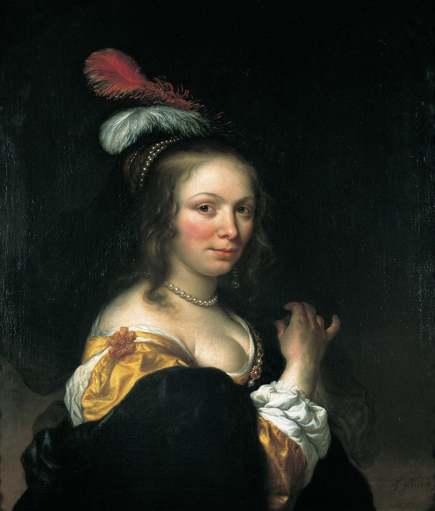 Portrait of a woman wearing a hat with feathers, detail