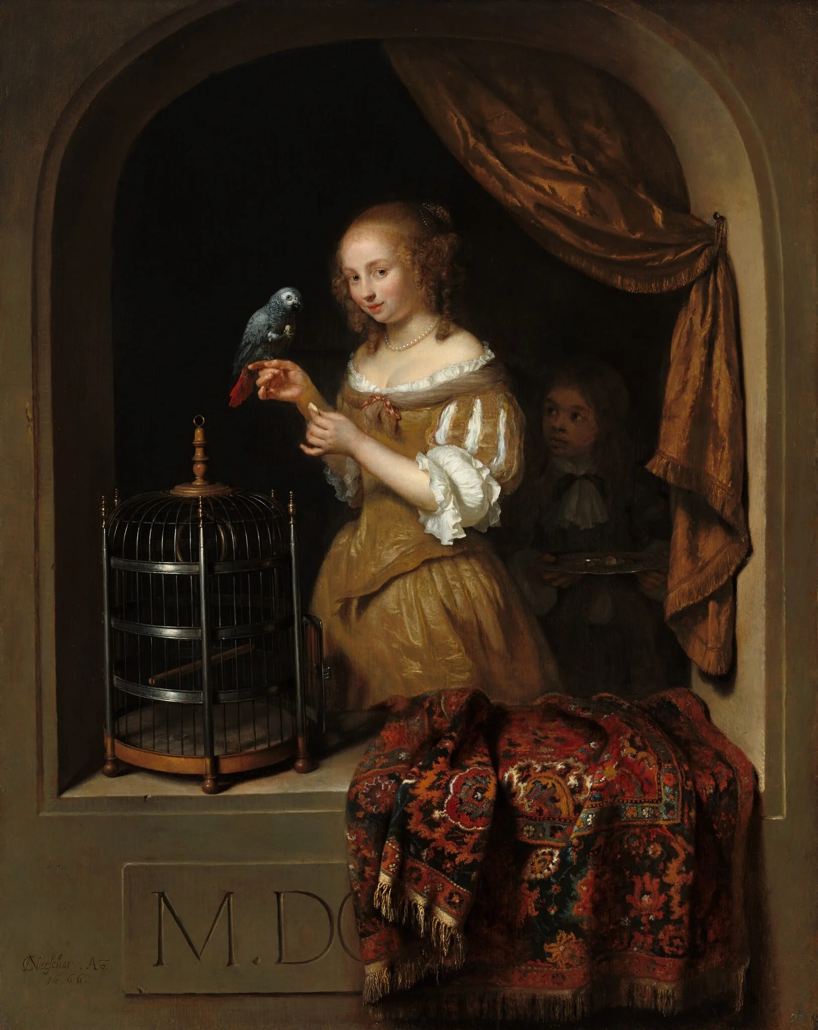 A Woman Feeding a Parrot, with a Page, detail