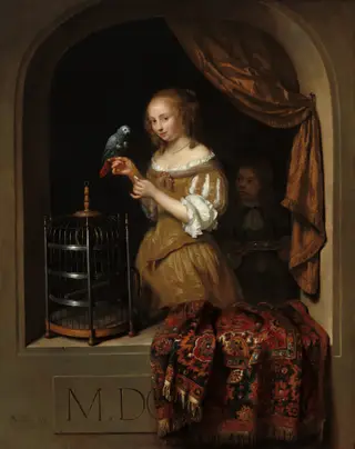 A Woman Feeding a Parrot, with a Page, by Caspar Netscher, oil, 1666