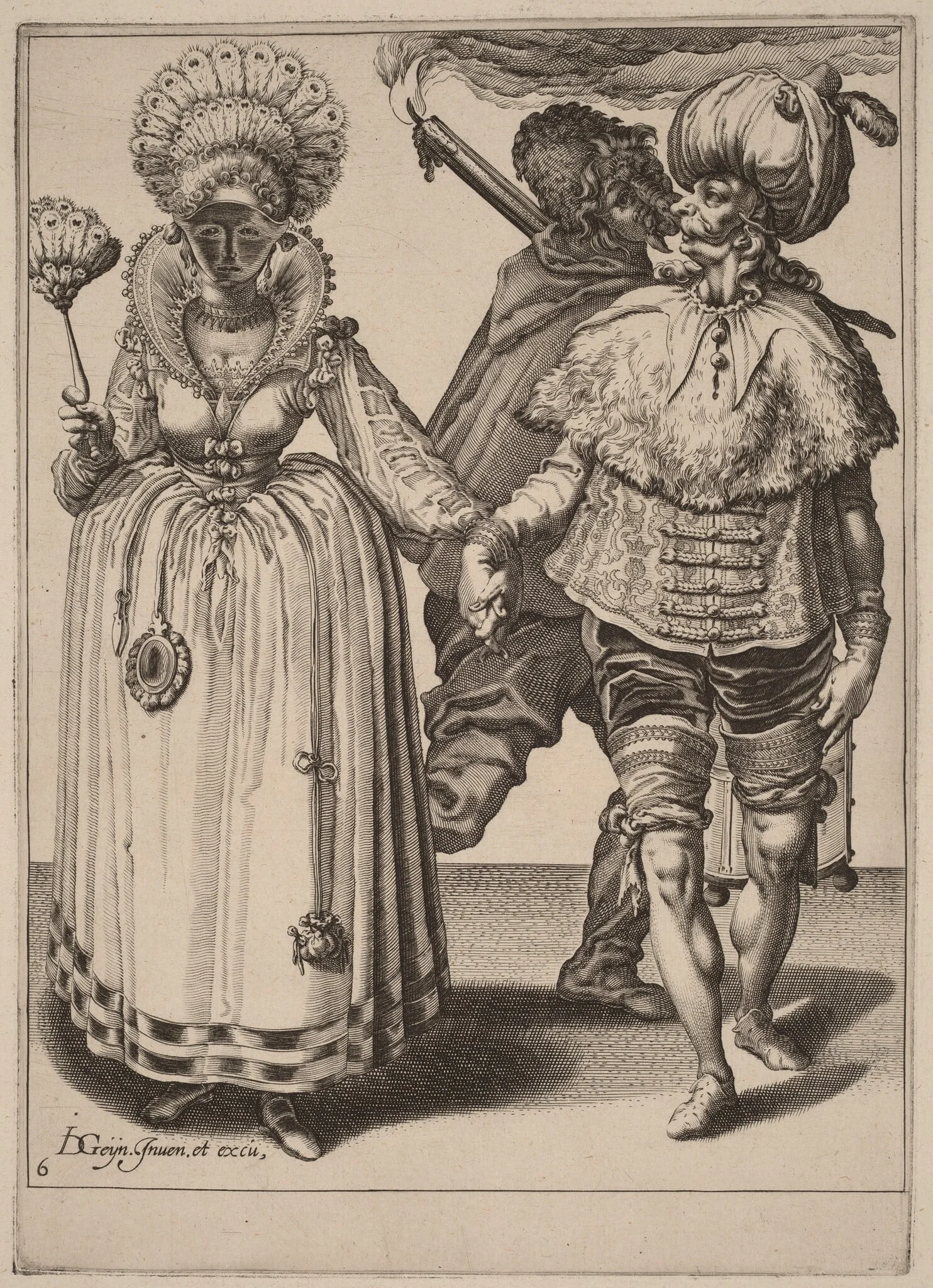A Man with a Turban Leading a Woman Wearing Peacock Feathers, detail