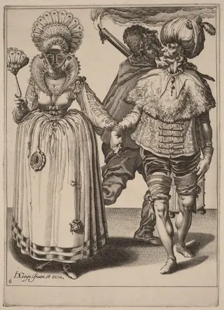 A Man with a Turban Leading a Woman Wearing Peacock Feathers, by Zacharias Dolendo, ink, 1596