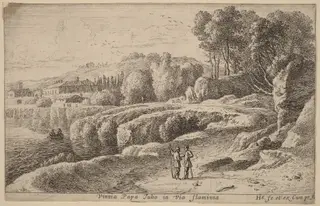 Vineyard of Pope Julius on the Via Flaminia, by Herman van Swanevelt, ink, 1628