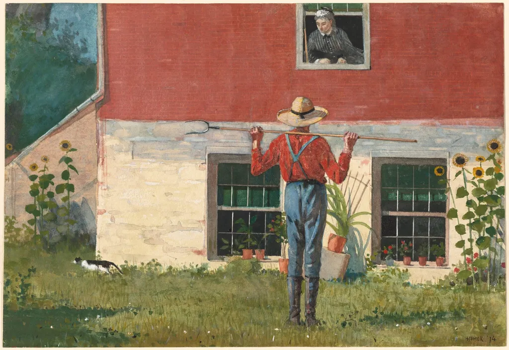 In the Garden (Rustic Courtship), by Winslow Homer, gouache, 1874