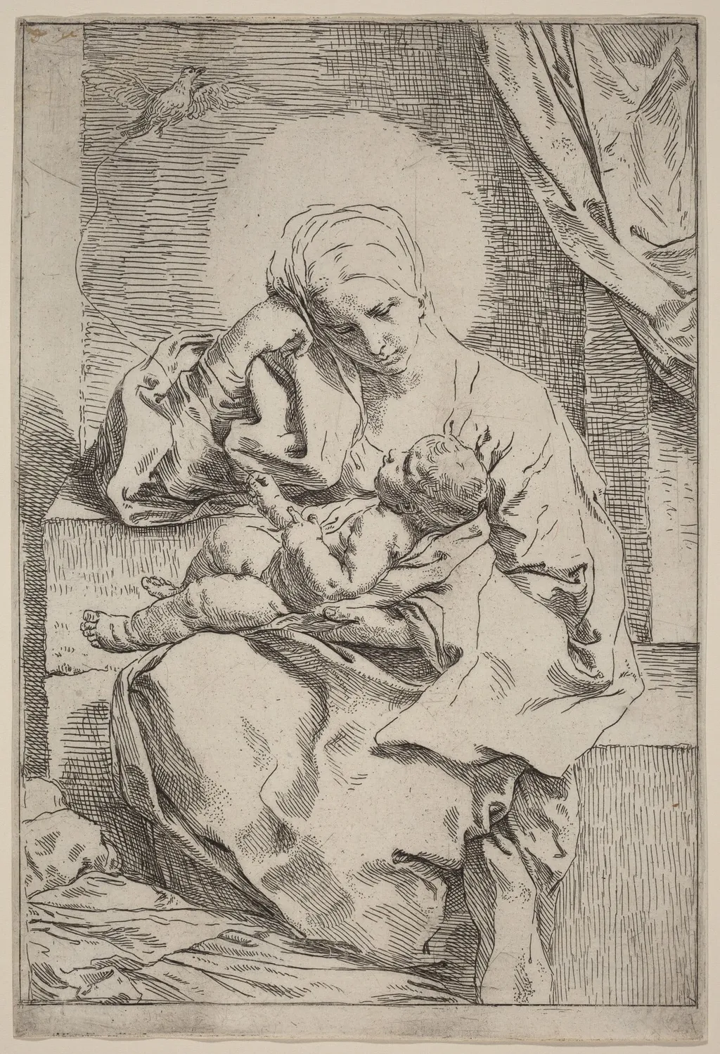 The Virgin and Child with a Bird, by Simone Cantarini, ink, 1639