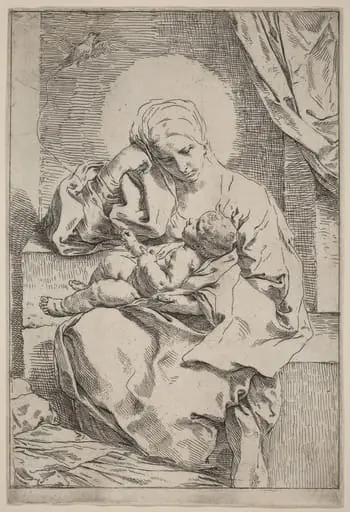 The Virgin and Child with a Bird, by Simone Cantarini, ink, 1639