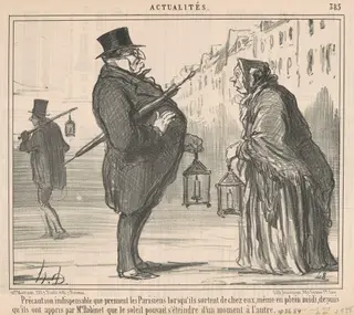 Précaution indispensable que prennent les Parisiens ..., by Honoré Daumier, ink, 1857