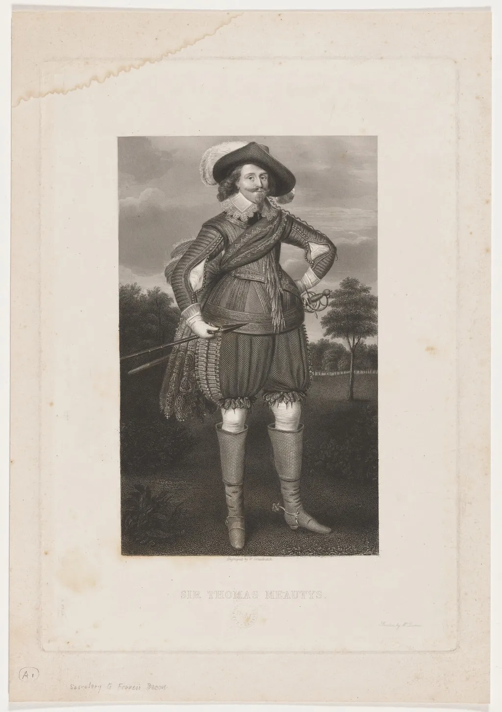 Sir Thomas Meautys, Secretary to Sir Francis Bacon, by William Greatbach, ink, 1841