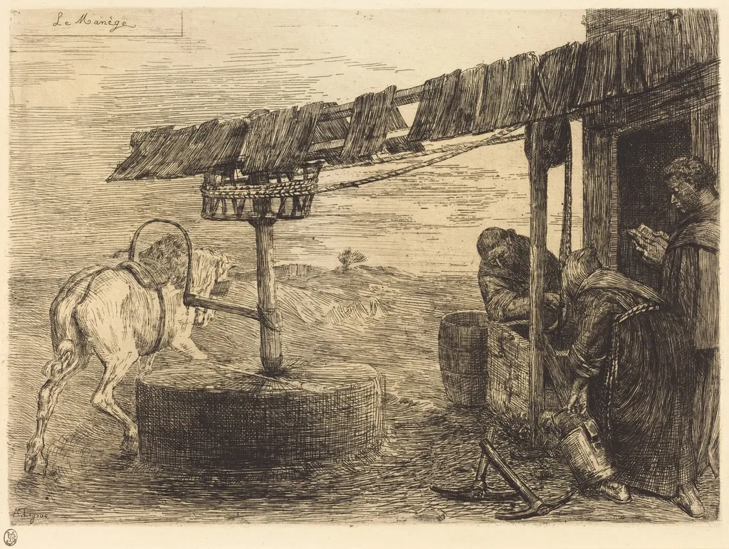 Horse-driven Mill (Le manege), by Alphonse Legros, ink, 1874