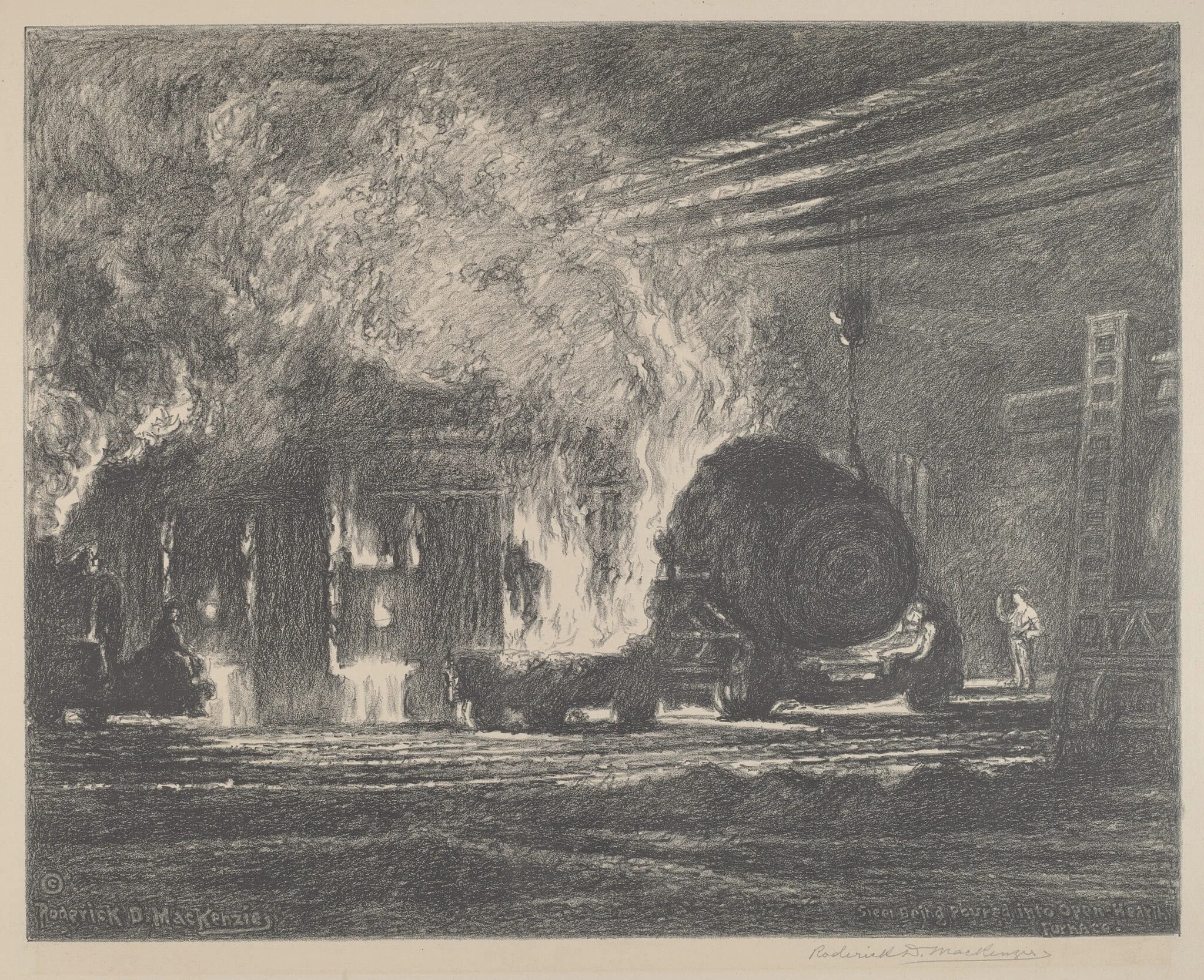 Steel Being Poured Into Open Hearth Furnace, detail