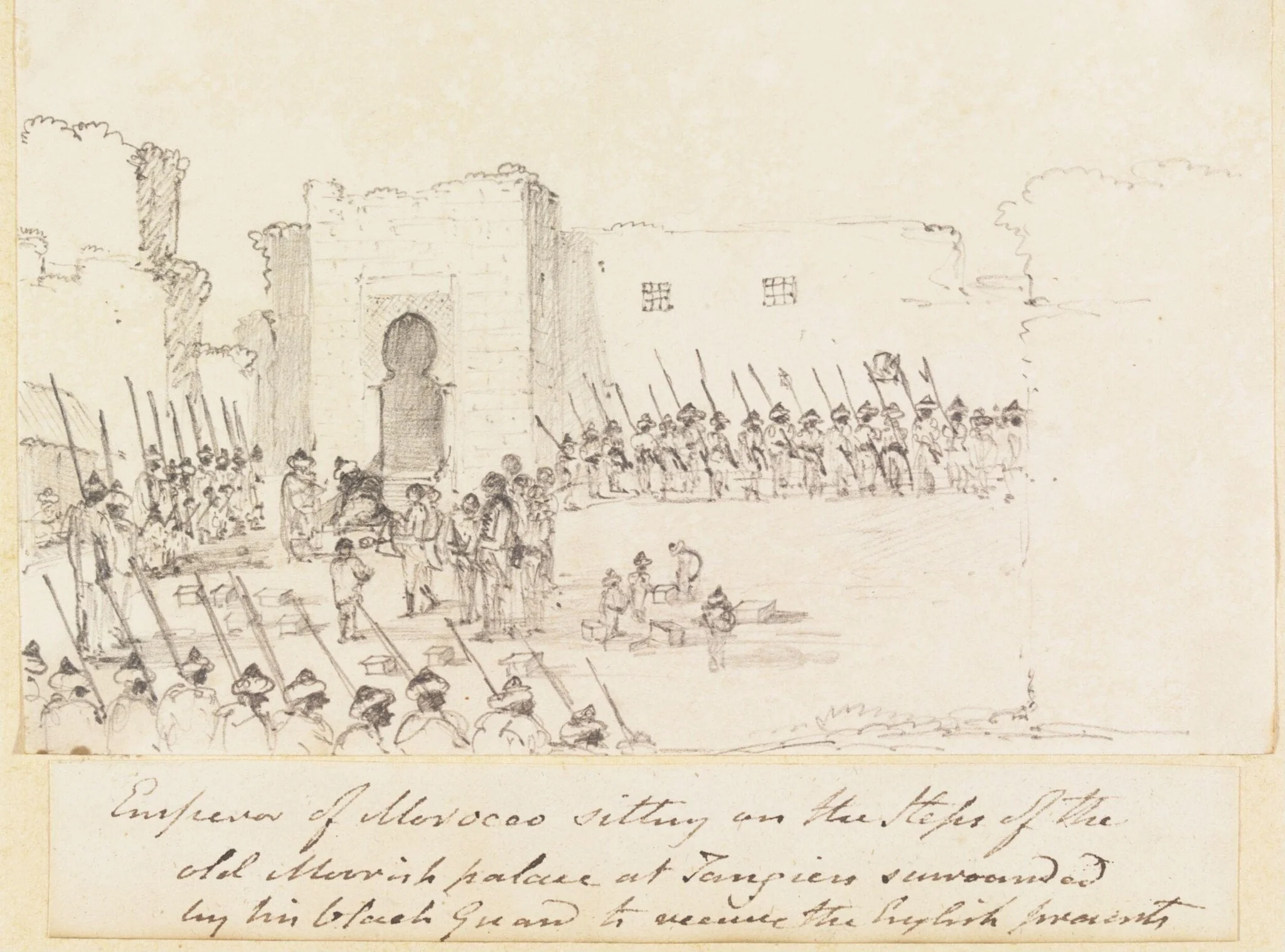 Emperor of Morocco sitting on the Steps of the old Moorish palace at Tangiers surrounded by his black Guard to receive the English presents, detail