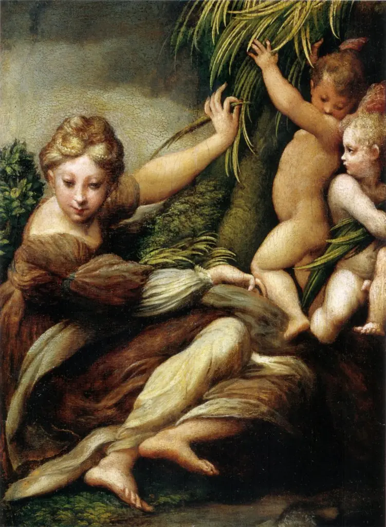Saint with two angels, by Parmigianino, oil, 1523