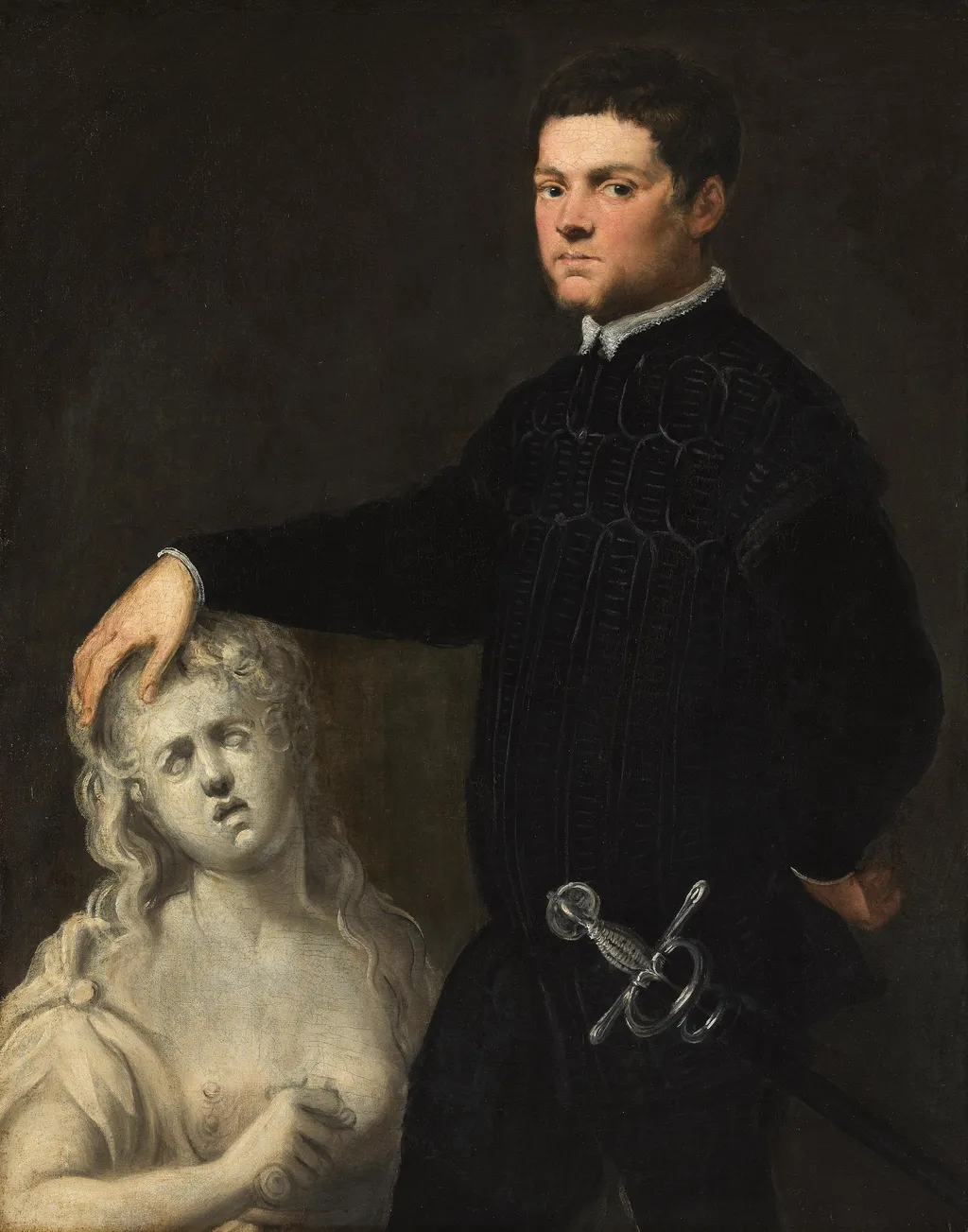 Portrait of a young man with a sculpture of Lucretia - Tintoretto, by Jacopo Tintoretto, unspecified, 1555