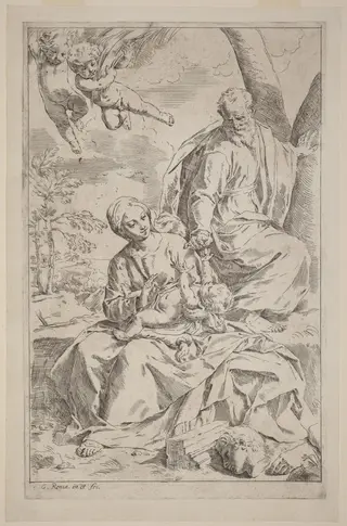 The Rest on the Flight into Egypt, by Simone Cantarini, ink, 1630
