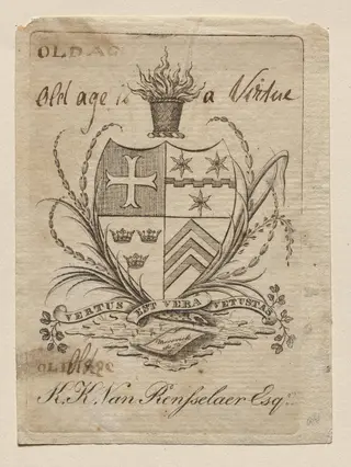 Bookplate:  Coat of Arms with K. K. Van Rensselaer, Esq. inscribed below, by Peter Rushton Maverick, 1793