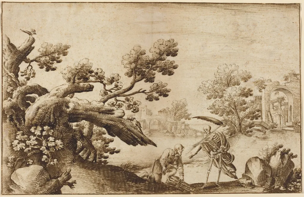 Death and the Woodman in a Coastal Landscape with Ruins, by Ercole Bazicaluva, chalk, 1636