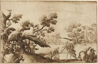 Death and the Woodman in a Coastal Landscape with Ruins, by Ercole Bazicaluva, chalk, 1636