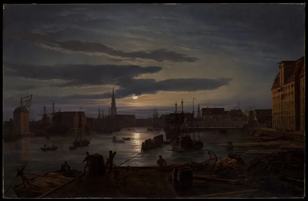 Copenhagen Harbor by Moonlight, by Johan Christian Dahl, oil, 1846
