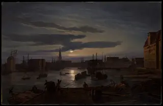 Copenhagen Harbor by Moonlight, by Johan Christian Dahl, oil, 1846