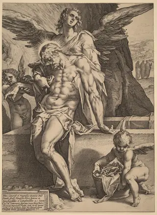 The Body of Christ Supported by Angels, by Hendrick Goltzius, ink, 1587