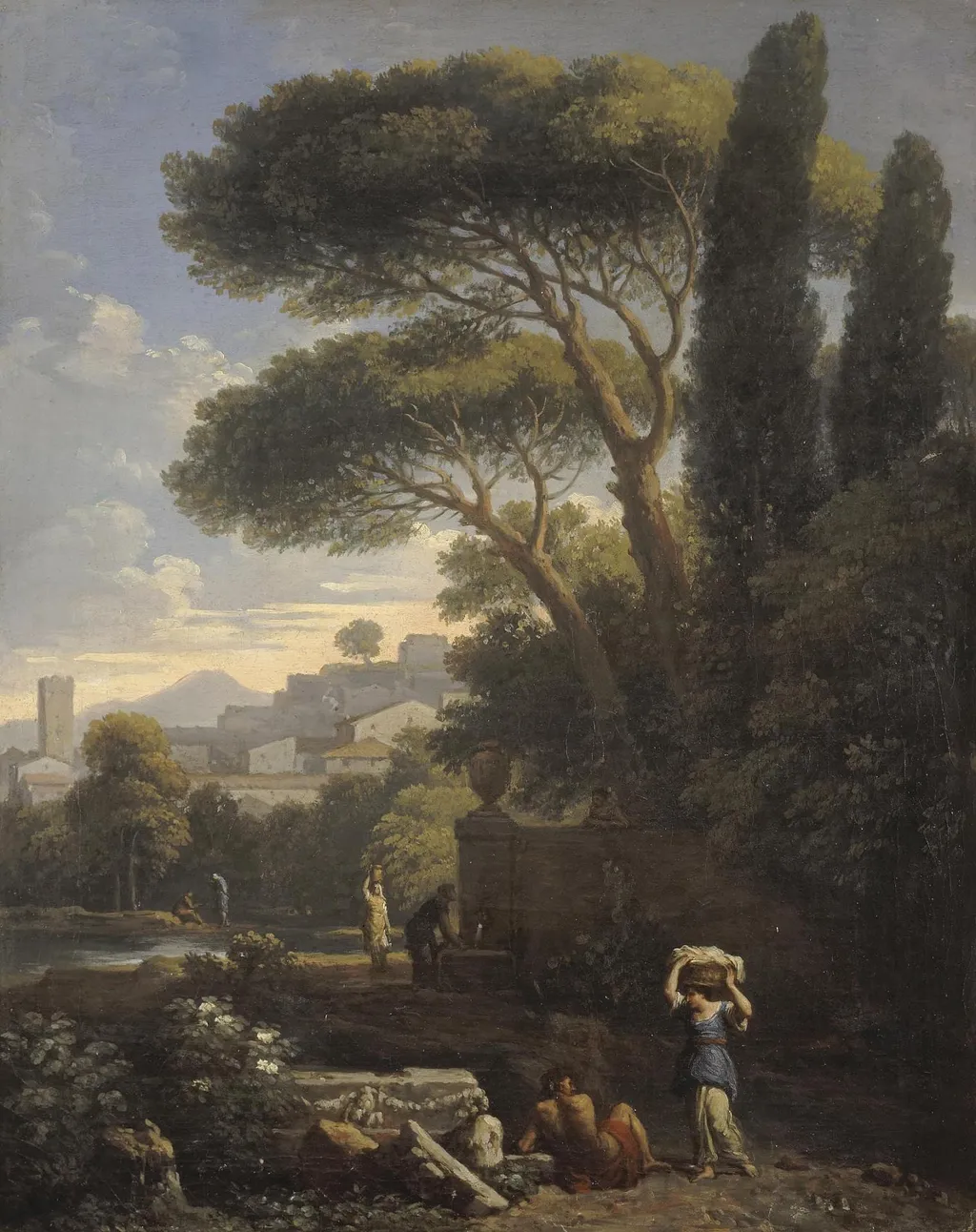 Landscape in Latium with Three Female Figures by a Fountain, by Jan Frans van Bloemen, oil, 1734