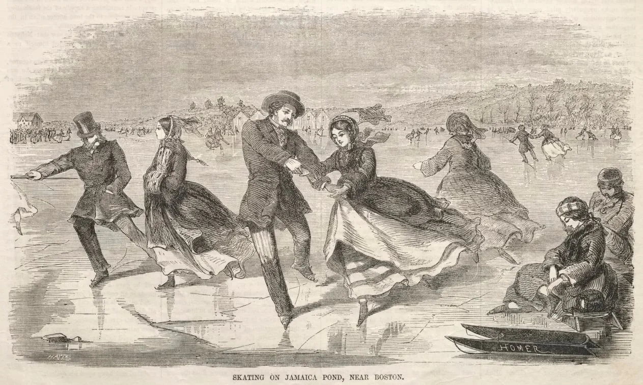 Skating on Jamaica Pond, near Boston, detail