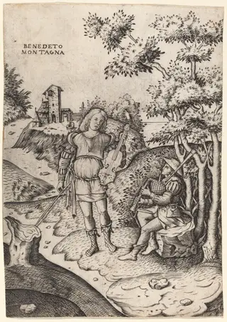 Apollo and Marsyas, by Benedetto Montagna, ink, 1518