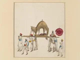One of six figures from the Mughal emperor's ceremonial procession on the occasion of the Id, by Mazhar Ali Khan, paint, 1840