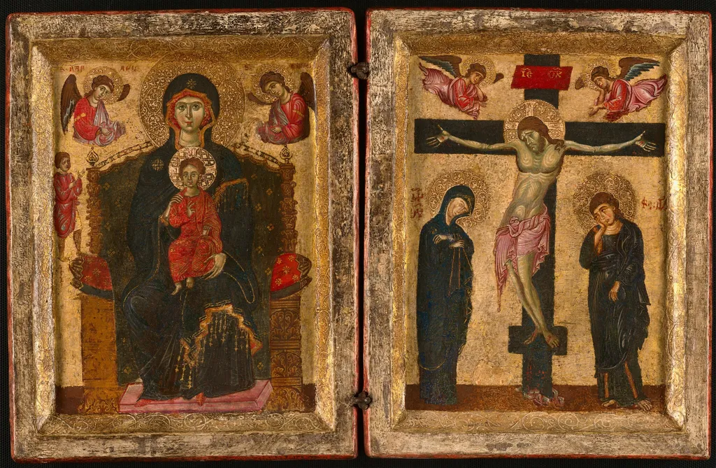 Diptych of the Virgin and Child Enthroned and the Crucifixion, by Eastern Mediterranean, tempera, 1280