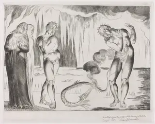 The Circle of the Thieves; Buoso Donati Attacked by the Serpent, by William Blake, ink, 1827