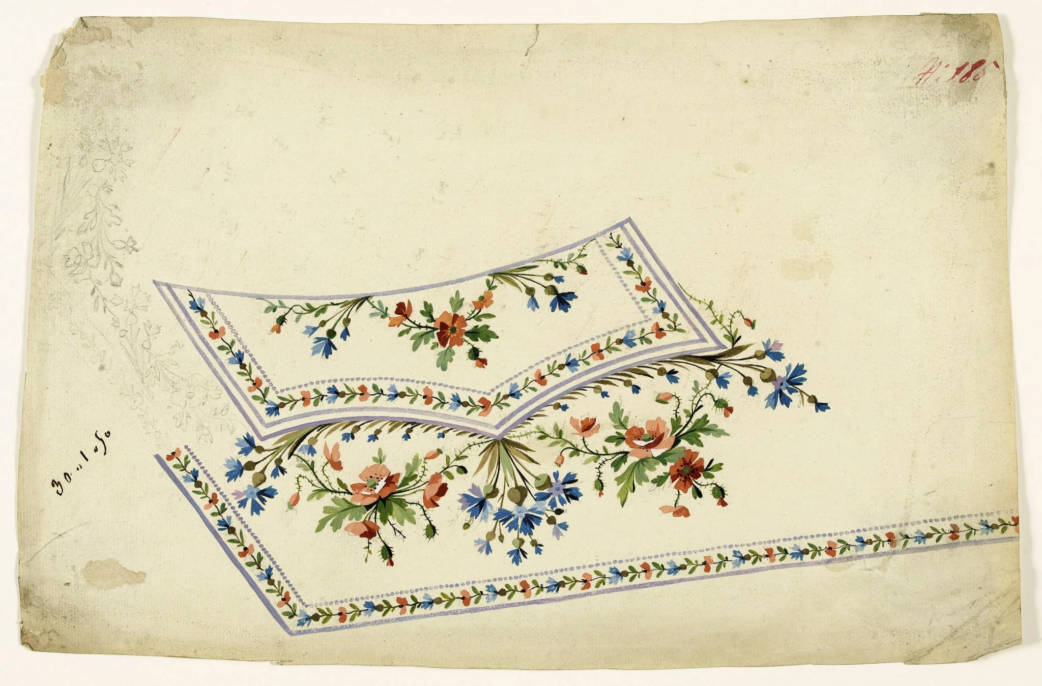 Composition florale de coquelicots et fleurs sauvages bleues, guirlandes de fleurs et frises de perles mauves, projets de broderies de gilet, XVIIIème siècle, detail