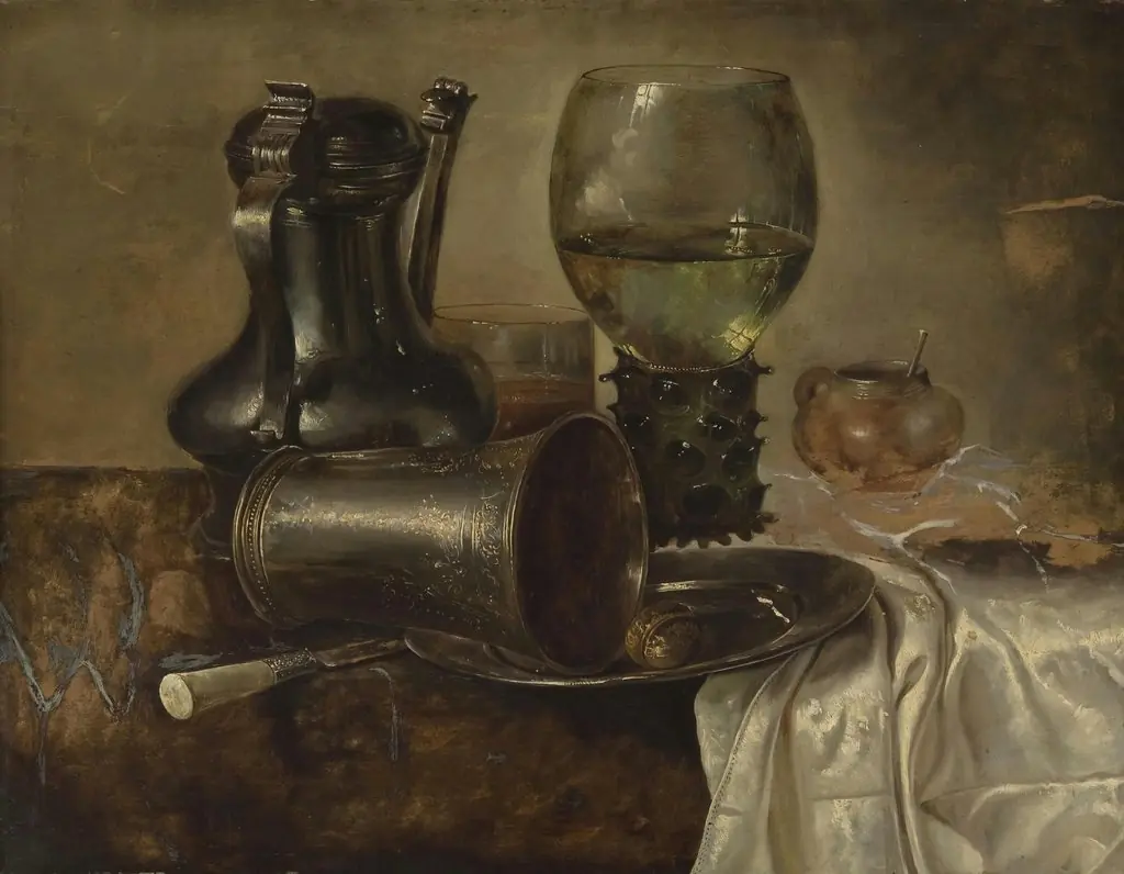 Still Life with a Roemer, a Covered Flagon, and a Beaker, by Willem Claesz Heda, oil