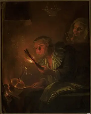 Man with a fire torch, by Godfried Schalcken, oil, 1684