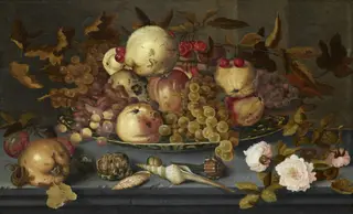 Still-life with Dish of Fruit, by Balthasar van der Ast, paint, 1623