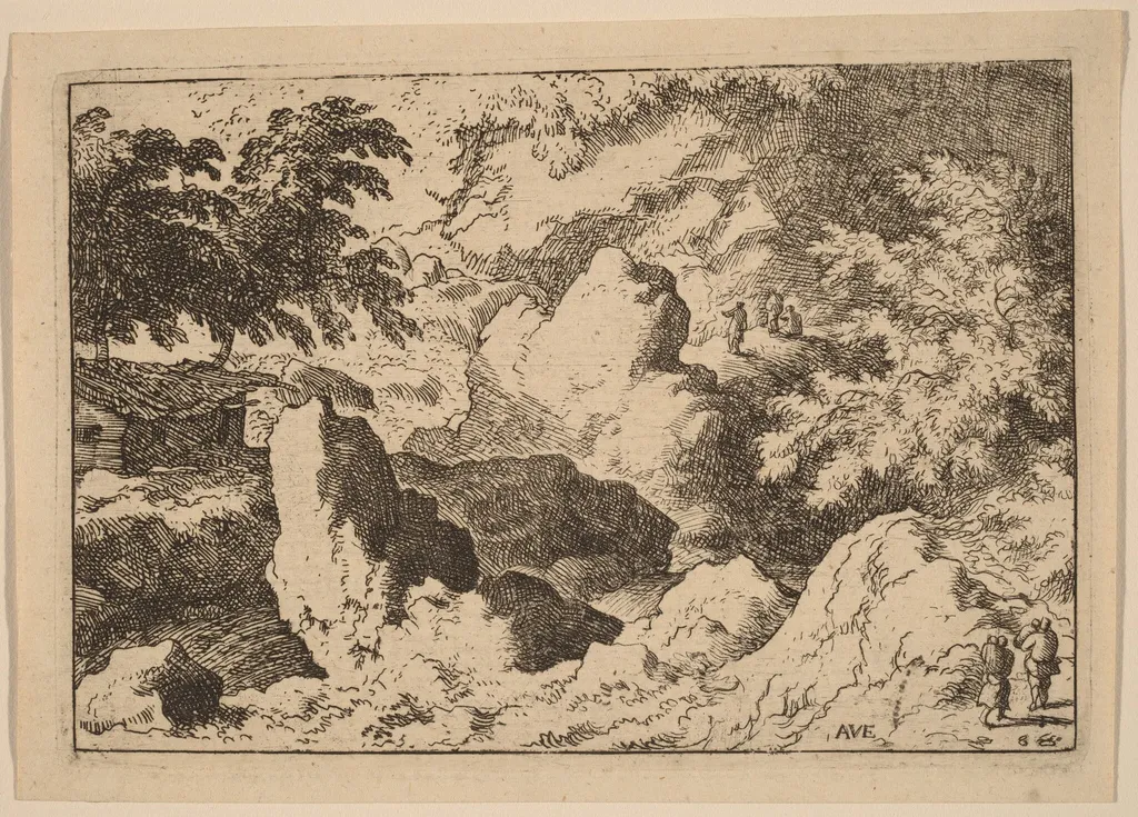 Three Men on a Rock, by Allart van Everdingen, ink, 1650