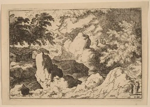 Three Men on a Rock, by Allart van Everdingen, ink, 1650