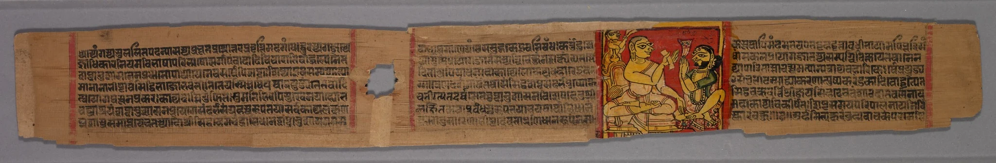 Leaf from a Jain Manuscript: page from a Great Poem about Twos (Dvyashraya Mahakavya) of Hemachandra, with commentary by Abhayatilaka: Monk in the Gift-giving Gesture before a Layman (verso), detail