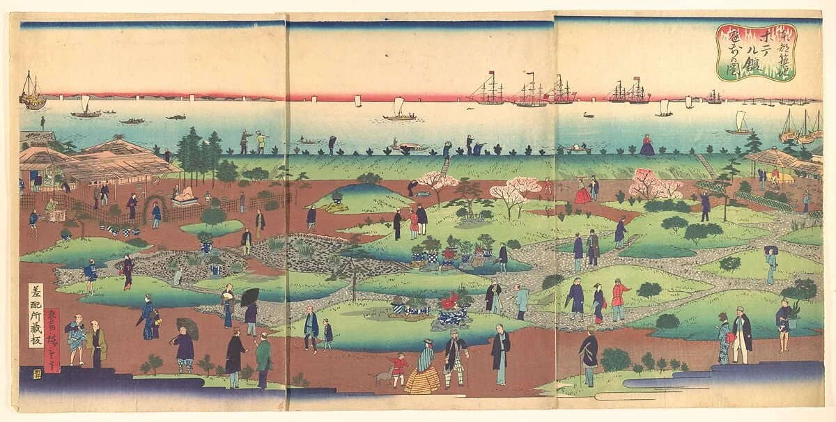 東都築地ホテル館庭前の図|Illustration of the Front Garden of the Tsukiji Hotel in the Eastern Capital (Tōto Tsukiji hoteru kan niwa mae no zu), detail