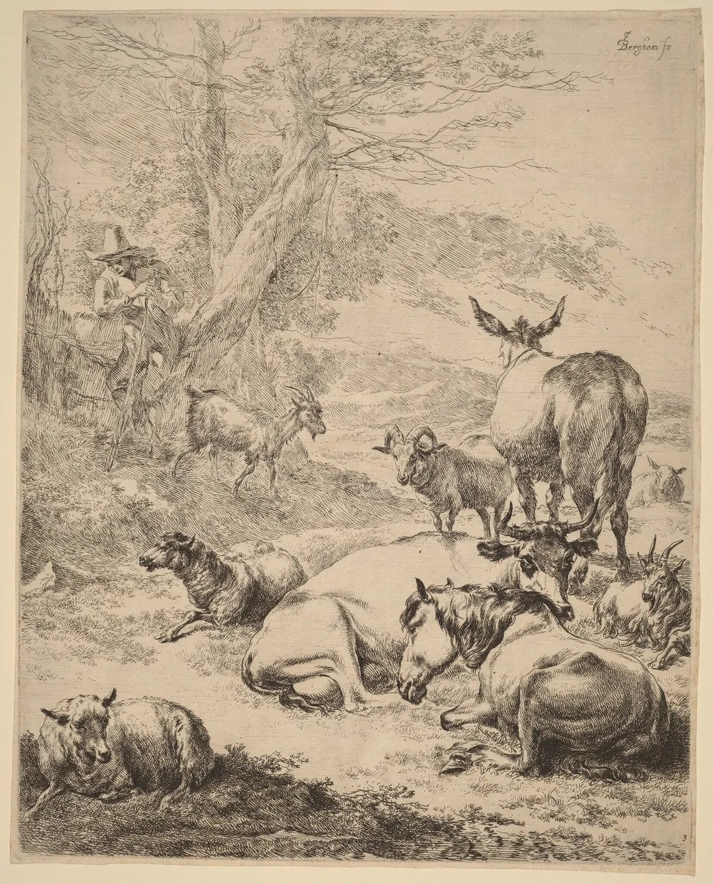 Resting Herd, by Nicolaes Pieterszoon Berchem, ink, 1652
