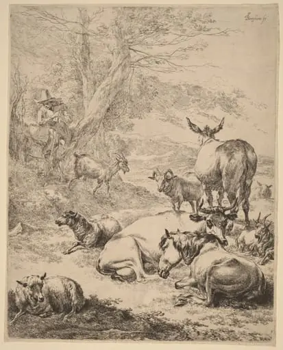 Resting Herd, by Nicolaes Pieterszoon Berchem, ink, 1652